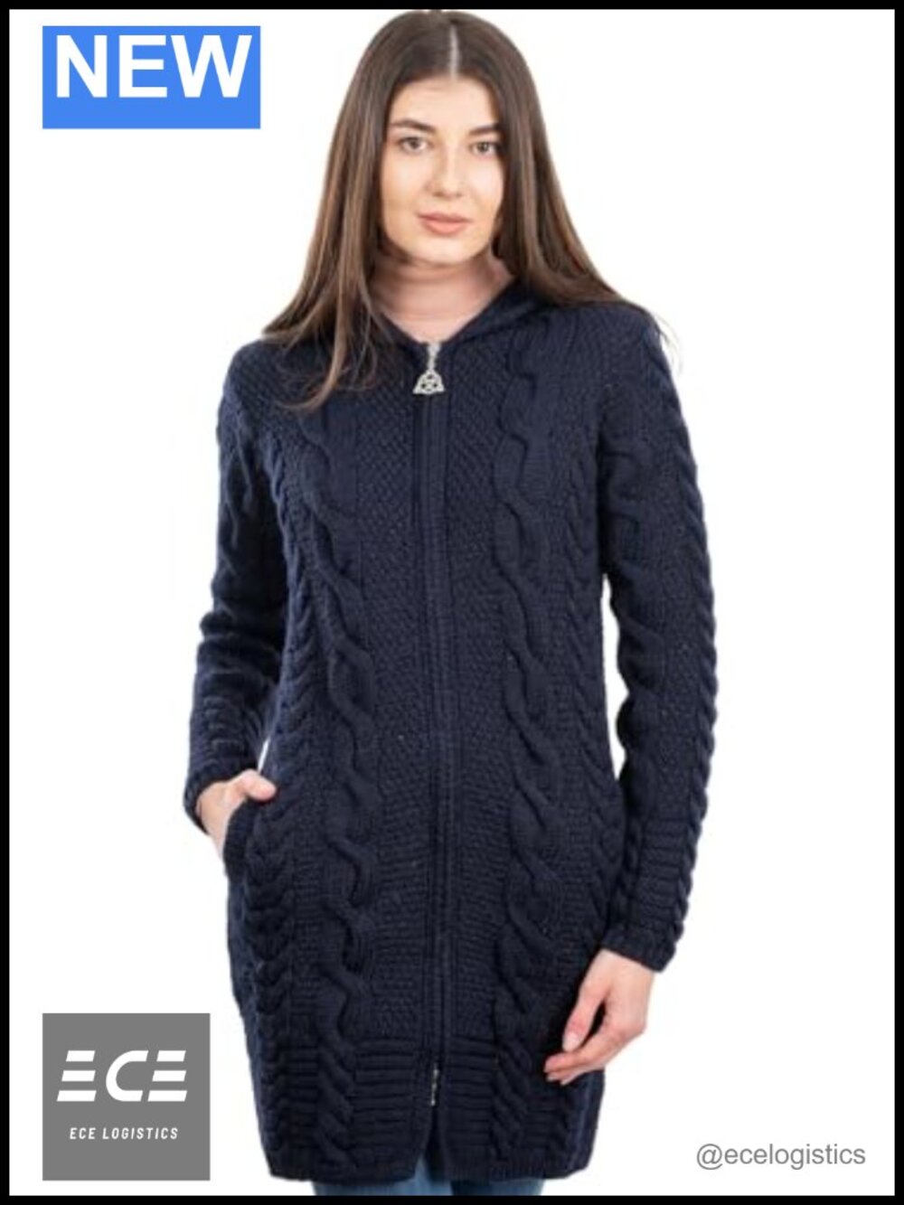 SAOL Merino Wool Aran Cable Knit Hooded Zip Cardigan Irish Coat